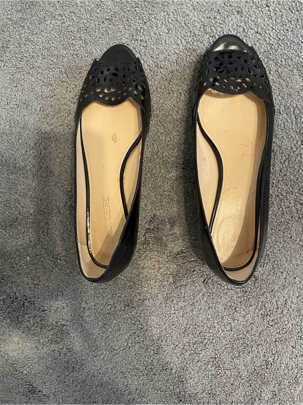 Joan & David Black Laser-Cut Peep-Toe Wedge Heels